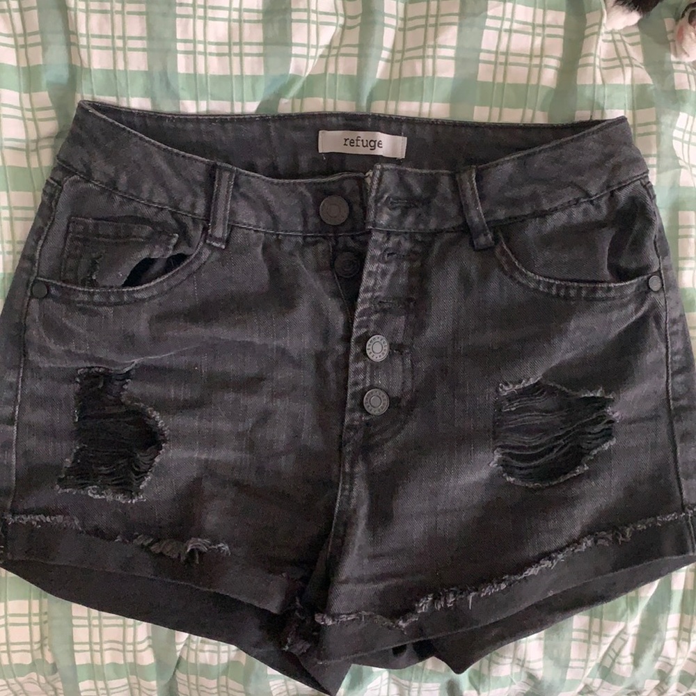 Black distressed denim shorts